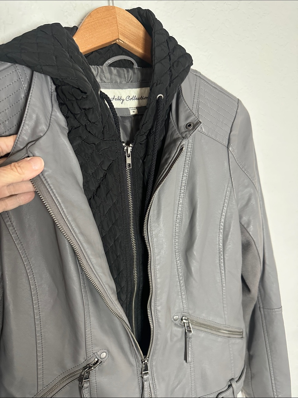 Sebby Collection Grey Faux Leather Moto Jacket Hooded Full Zip Pockets Medium - Picture 4 of 8